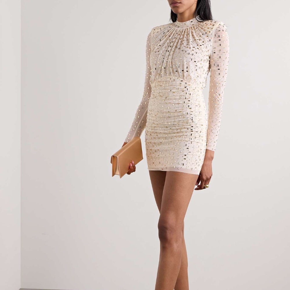 SELF-PORTRAIT CHAMPAGNE RHINESTONE MESH MINI DRESS - Size US2